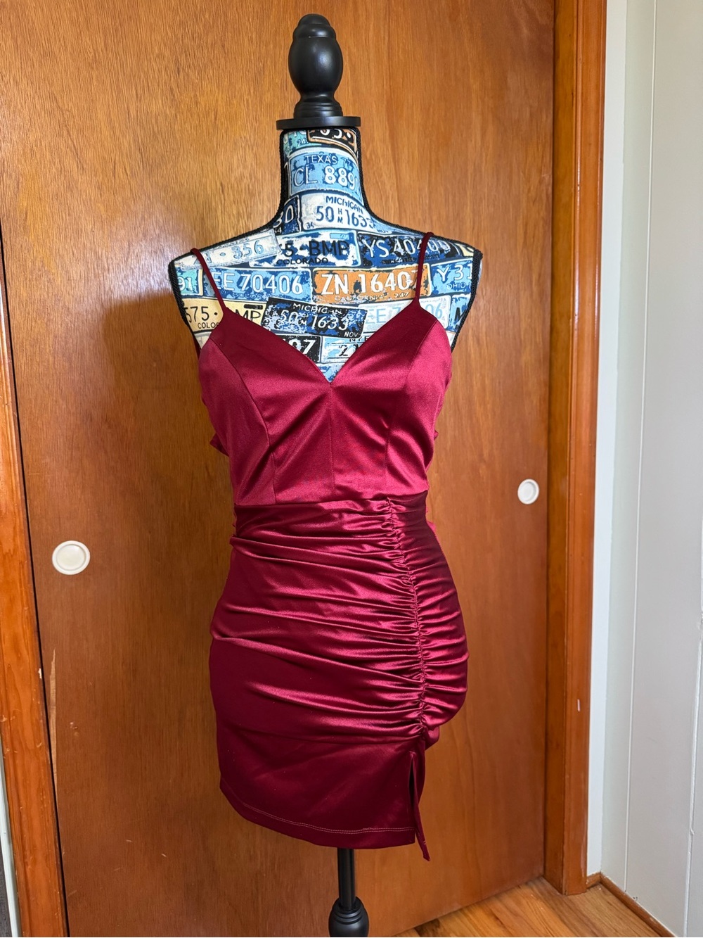 Honey and Rosie Burgundy Satin Ruched Mini Dress XS